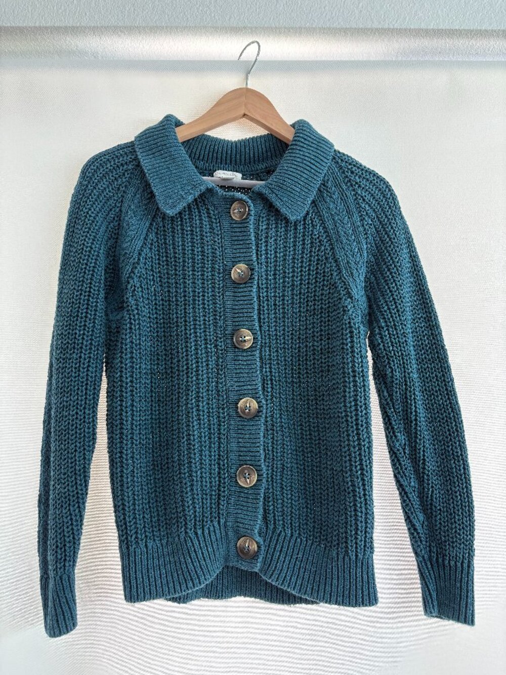 Garnet Hill Teal Blue Chunky Knit Button-Up Cardigan